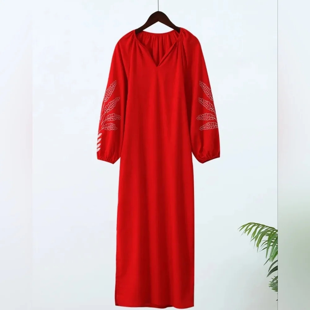 Bornladies Fashion embroidered linen red dress. Small. - Picture 3 of 7